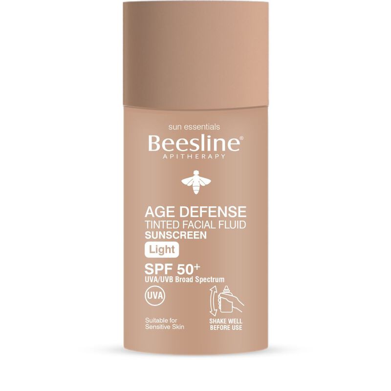 beesline age defense tinted (light)facial fluid sunscreen spf 50+50+