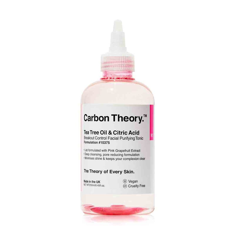 carbon theory breakout control facial purifying tonic  tea tree oil, citric acid & pink grapefruit extract 250ml