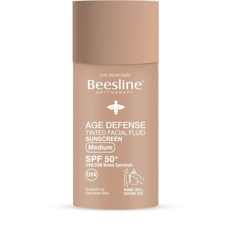 beesline age defense tinted (medium) facial fluid sunscreen spf 50+
