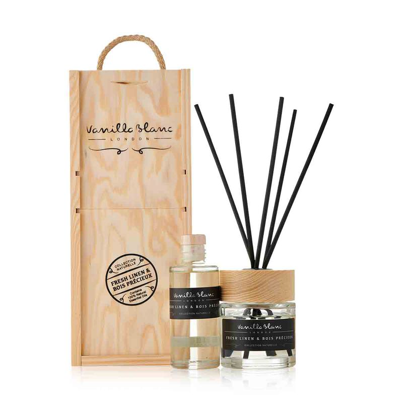 vanilla blanc fresh linen & bois precieux reed diffuser gift set with refill 100ml